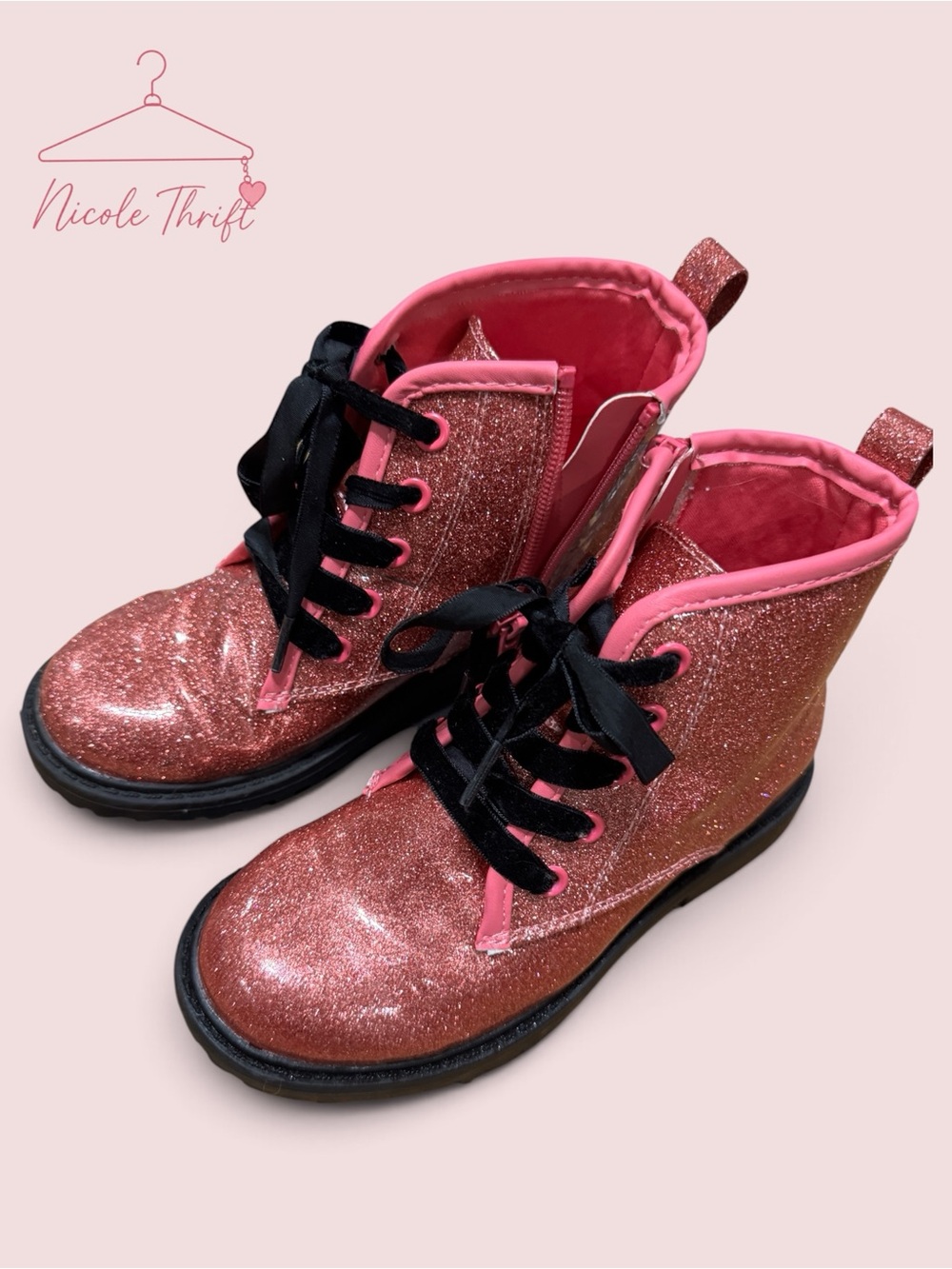 FITORY Girls Pink Glitter Combat Boots Black Laces Size 13